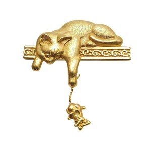 Vintage JJ Jonette Gold Tone Cat With Tail Of Mouse Figural Animal Brooch Pin